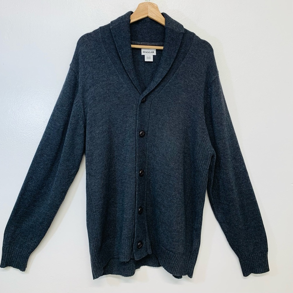 Haggar Cardigan Men XL Button Up Gray Cotton Blend Grandpa Dad Retro Preppy Work